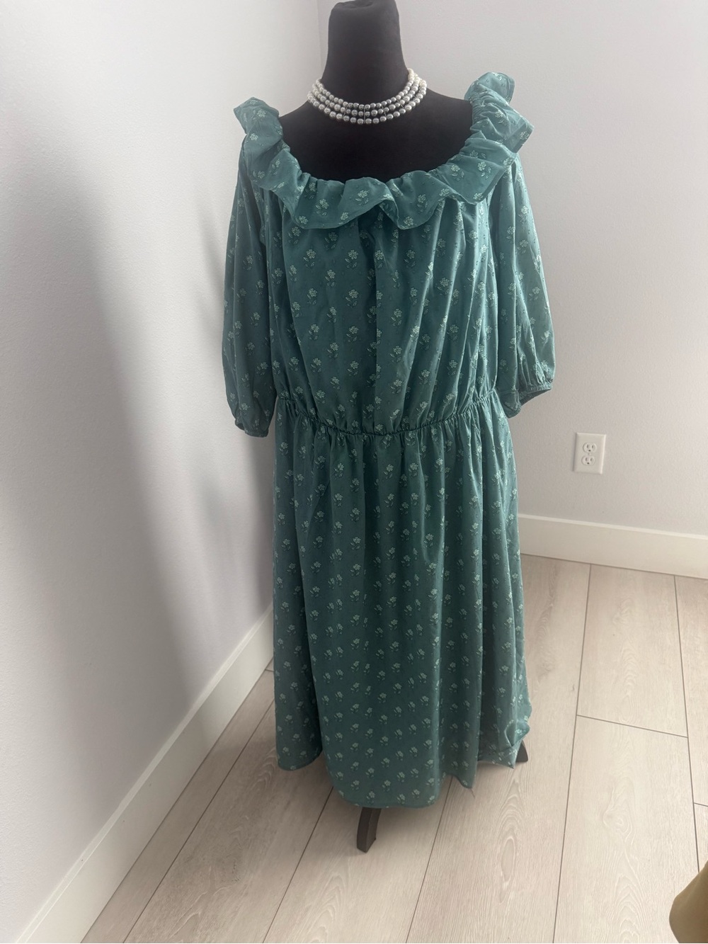 Soft Teal Floral Ruffle-Shoulder Midi Dress#A21